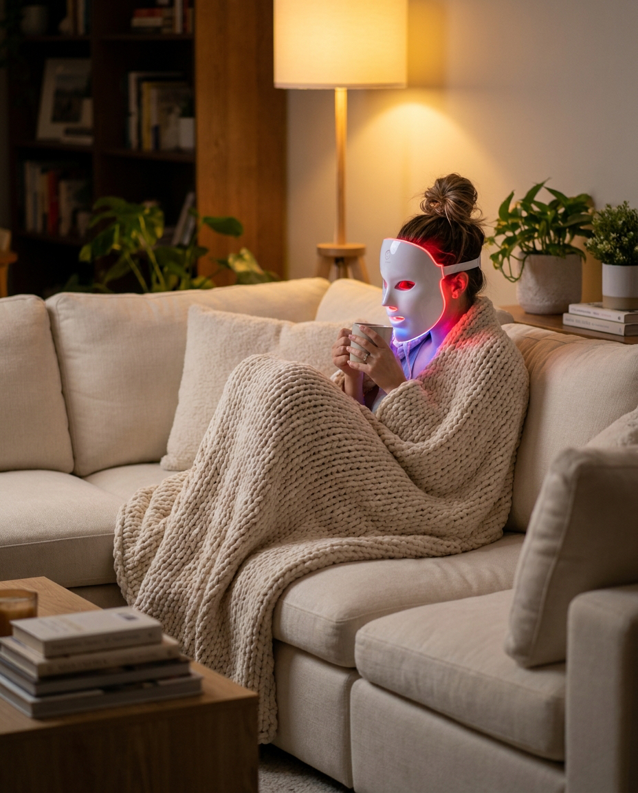 Kobieta relaksuje się na kanapie w masce LED
